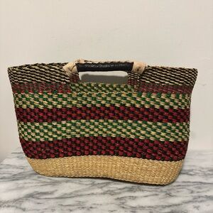 Ghana Woven market Tote Bag clutch leather handles new NWOT
